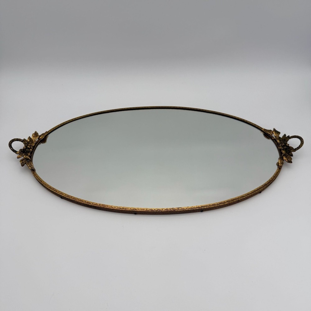 Vintage Oval Mirrored Vanity Tray Gold Tone Grapevine Handles Hollywood Regency - Picture 2 of 10